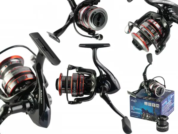 Elegancki kołowrotek do bolonki Black Bass, z metalową szpulą i czarnym korpusem, idealny na ryby.