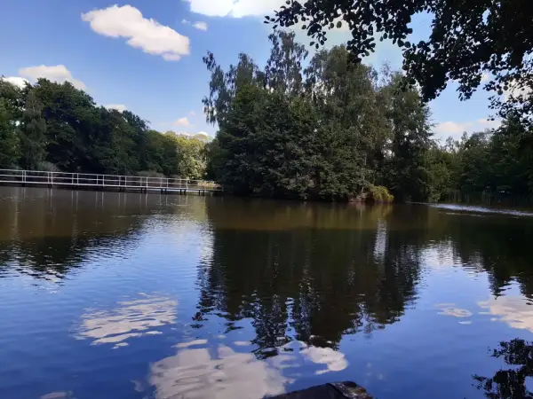 Spokojne jezioro z odbijającymi się chmurami i drzewami. W oddali biały mostek, idealne miejsce na wypoczynek w Golina ośrodek wypoczynkowy.