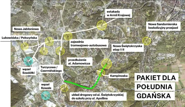 Mapa planowanych inwestycji drogowych w Gdańsku. Widoczny zielona zatoka łącznik między ulicami.