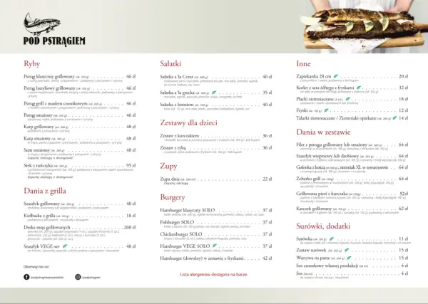 Menu restauracji "Pod Pstrągiem" z daniami rybnymi, sałatkami, zupami, burgerami i daniami w zestawie. W tle widać pstrąga na desce.