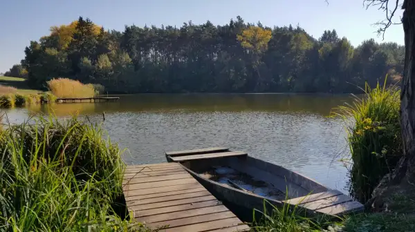Łowisko agroturystyczne z łódką przy pomoście. Stawy otoczone lasem, jesienne barwy drzew.