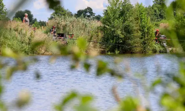 Wędkarze nad jeziorem w otoczeniu zieleni, łowią ryby metodą No Kill.