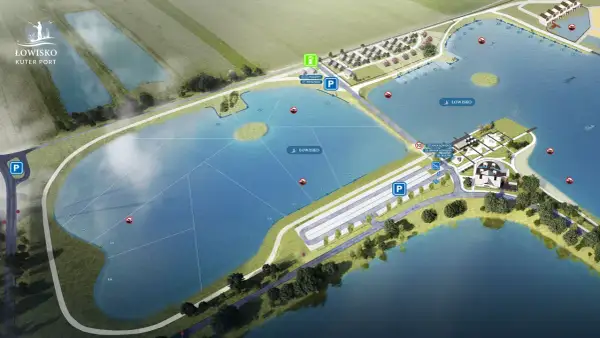 Mapa kompleksu łowisko kuter port. Widok z lotu ptaka na jeziora, domki, parkingi, toalety i sklepik.
