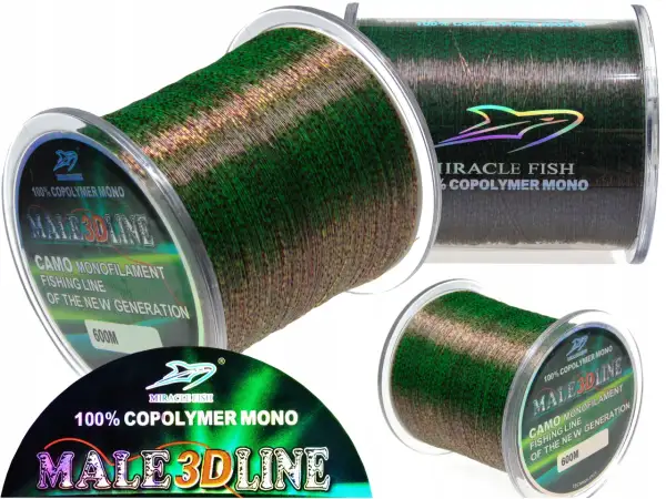 Żyłka wędkarska Miracle Fish Male 3D Line Camo, 100% kopolimer mono, 600m. Najlepsza żyłka do feedera, idealna na nowe pokolenie wędkarzy.